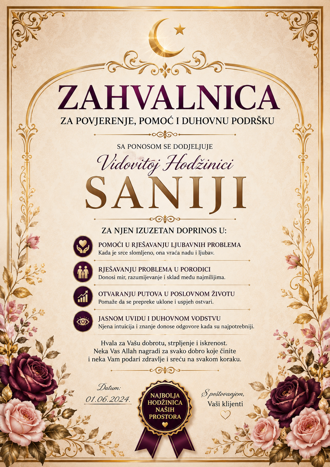 Zahvalnica Vidovitoj Hodžinici Saniji za doprinos i podršku