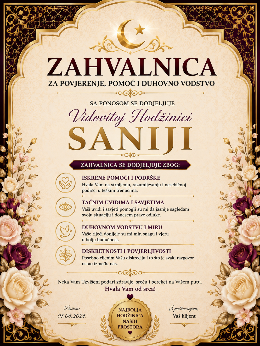 Zahvalnica Vidovitoj Hodžinici Saniji za pomoć, podršku i duhovno vodstvo