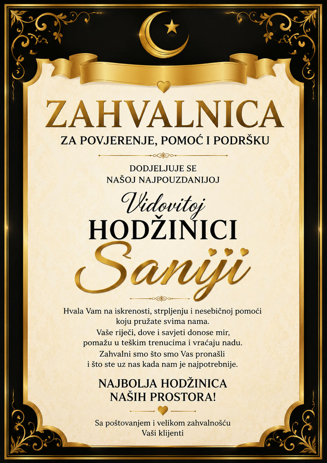 Zahvalnica Vidovitoj Hodžinici Saniji za povjerenje, pomoć i podršku